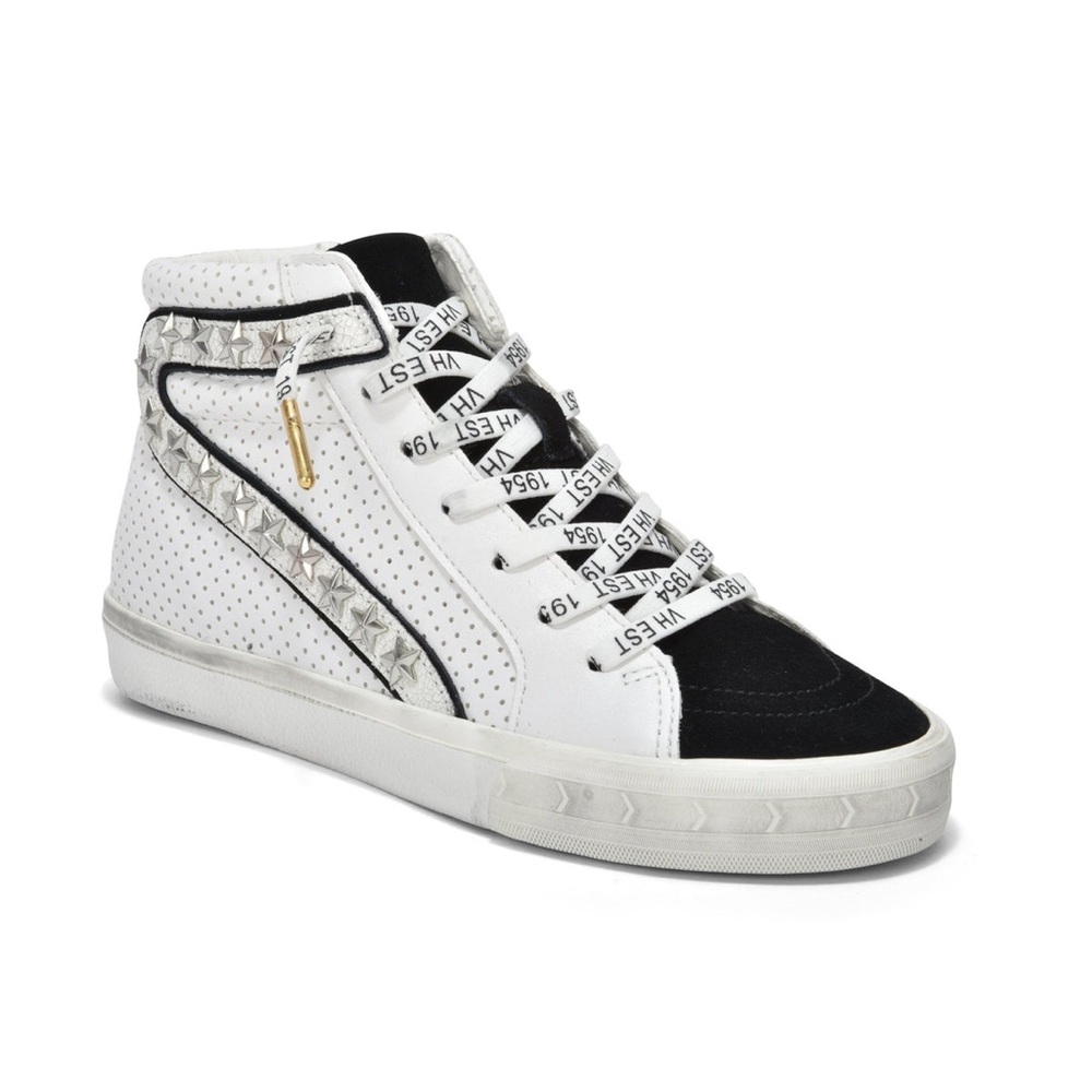 Vintage Havana White and Black High-Top Sneakers with Star Studs